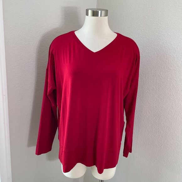 NEW Eileen Fisher Womens Large Red V Neck Long Sleeve Box Top Stretch Shirt - Picture 1 of 11